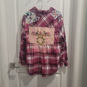 Distressed Flannel Shirt VTG embroideries crewel OOAK needlework Bleach GAP XL